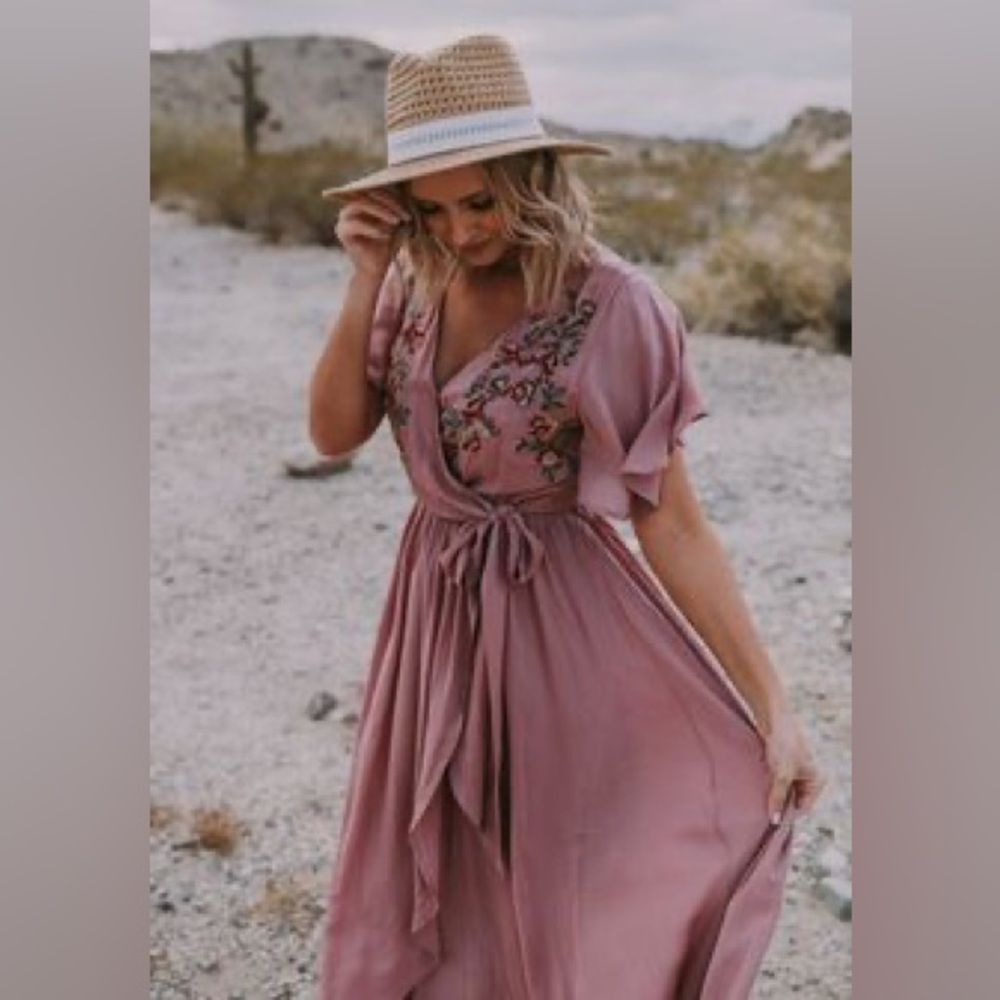 Wren & Ivory | Bohemian Pink Floral Embroidered Wrap Dress Size M